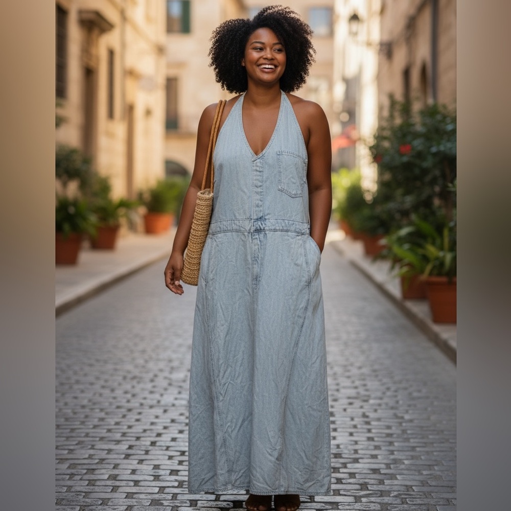 Universal thread women’s size 16 halter dress solid light wash denim $40 new
